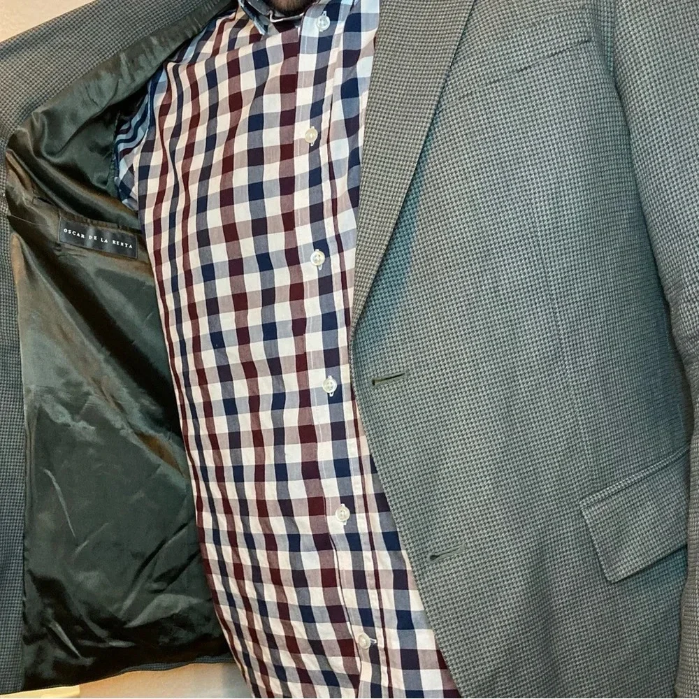 Oscar De La Renta 100% Wool Houndstooth Blazer Size 44 Regular Gray